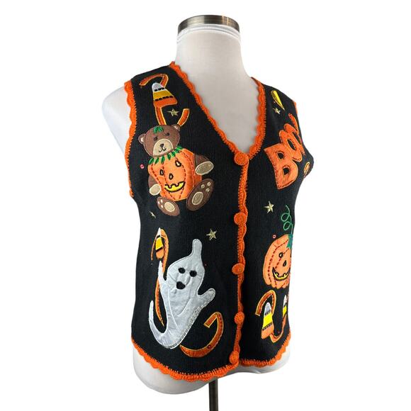 Vintage Basic Editions Halloween Vest Knit Sweater Bear Ghost & Pumpkin Medium - Picture 5 of 9